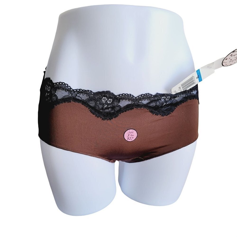 Vintage Jezebel Nylon Lace Hipster Panty 70944 XL Brown Black Lace Waistband Dis